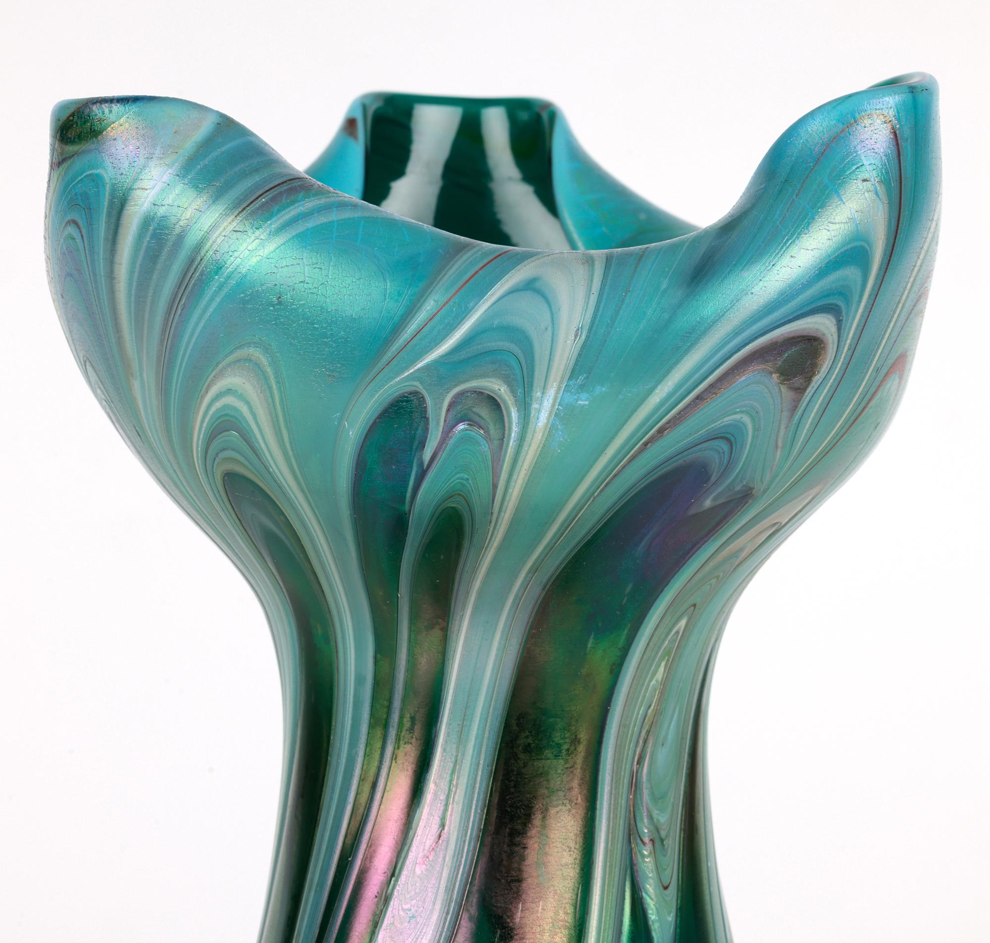 Josef Rindskopf Bohemian Pulled Feather Iridescent Art Glass Vase For Sale 4