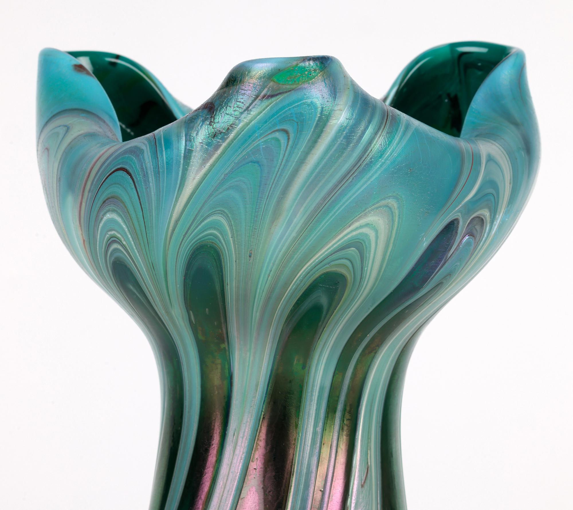 Josef Rindskopf Bohemian Pulled Feather Iridescent Art Glass Vase For Sale 6