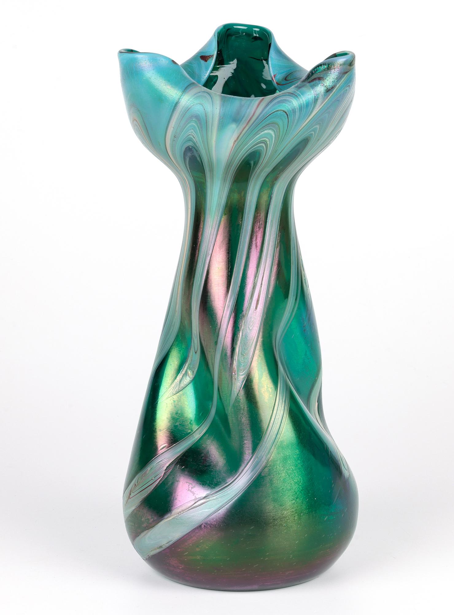 Josef Rindskopf Bohemian Pulled Feather Iridescent Art Glass Vase For Sale 10
