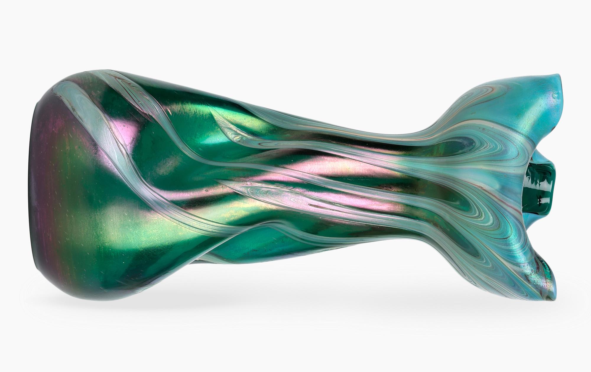 Art Nouveau Josef Rindskopf Bohemian Pulled Feather Iridescent Art Glass Vase For Sale
