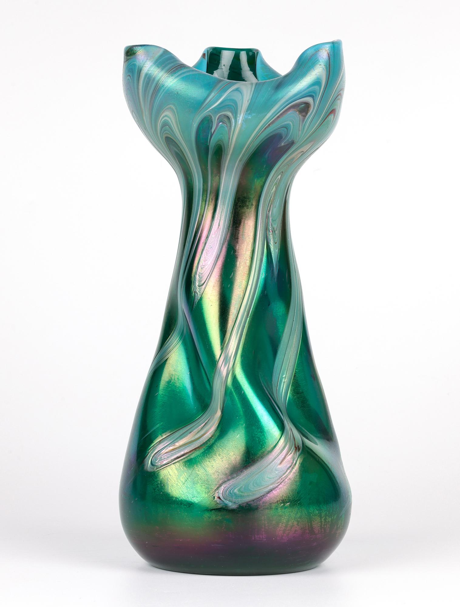 Austrian Josef Rindskopf Bohemian Pulled Feather Iridescent Art Glass Vase For Sale