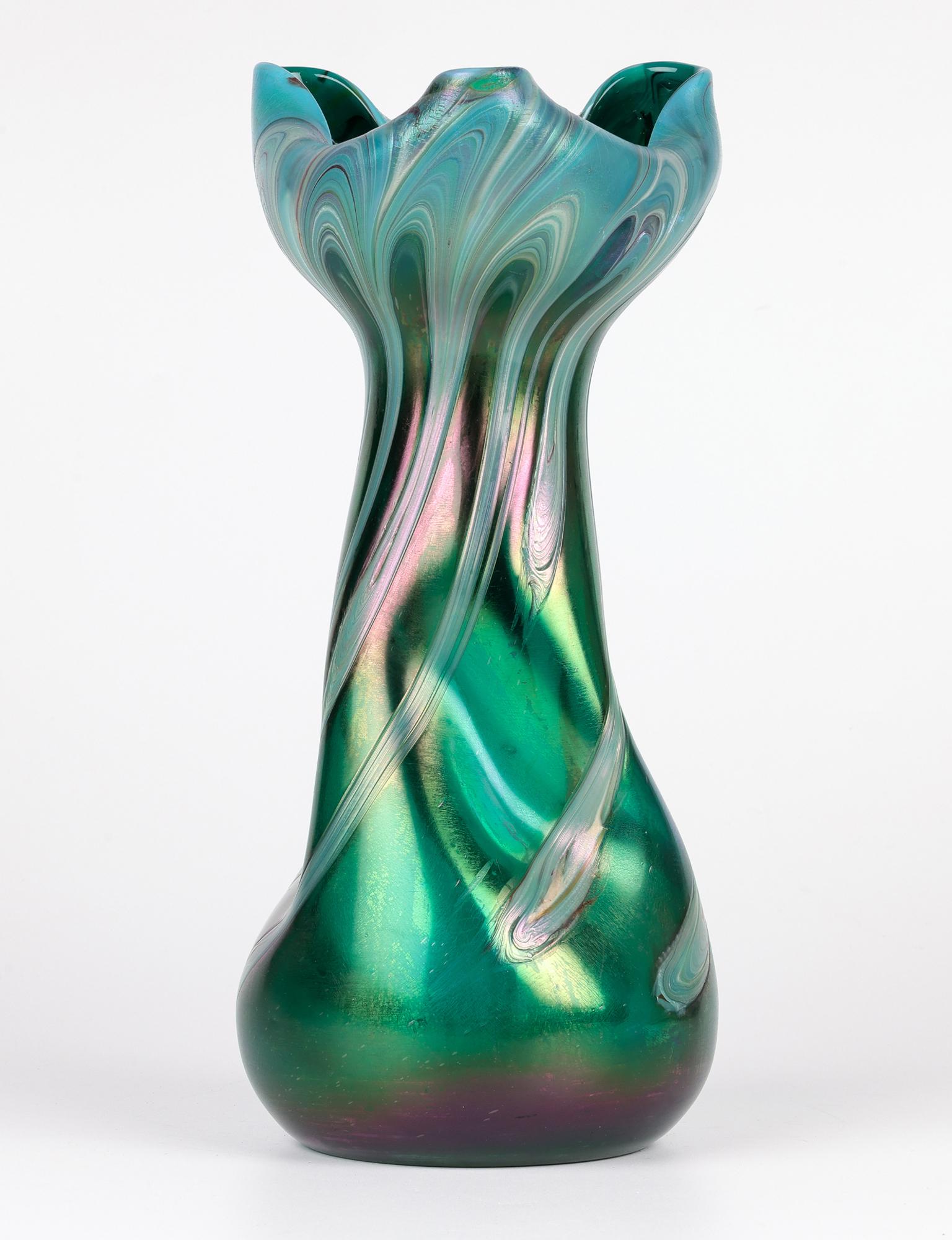 Josef Rindskopf Bohemian Pulled Feather Iridescent Art Glass Vase For Sale 1