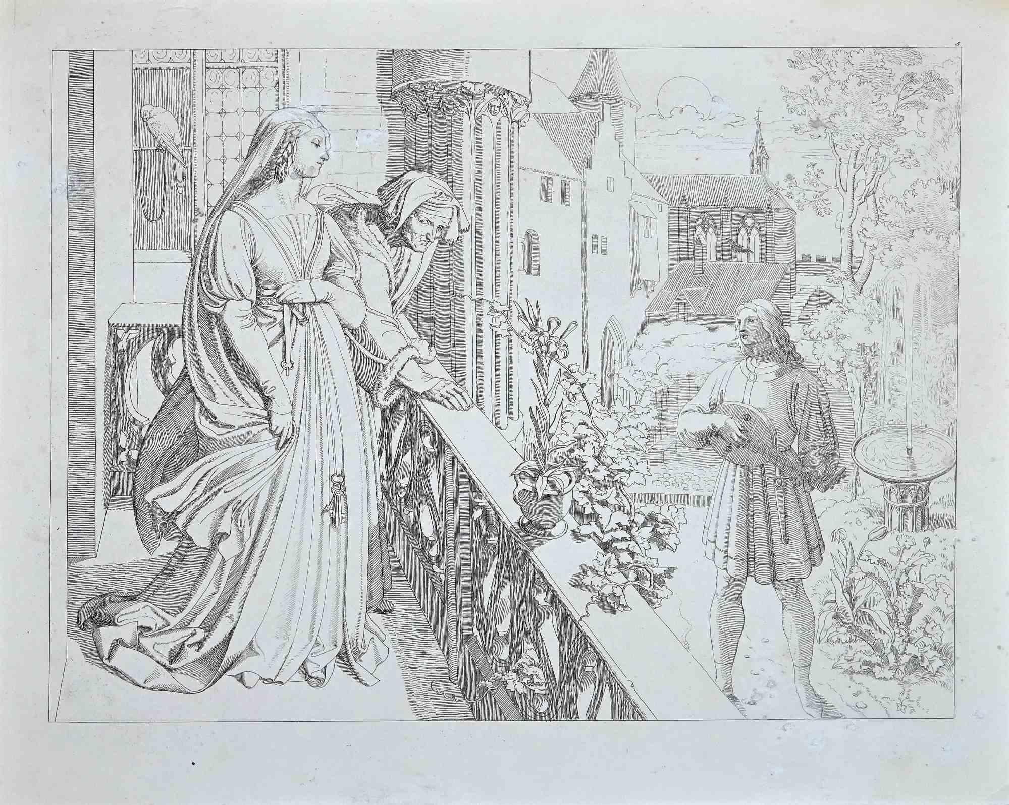 Josef Ritter von Führich Figurative Print - Scene from The Life and Death of Saint Genoveva - Original Etching - 1830s