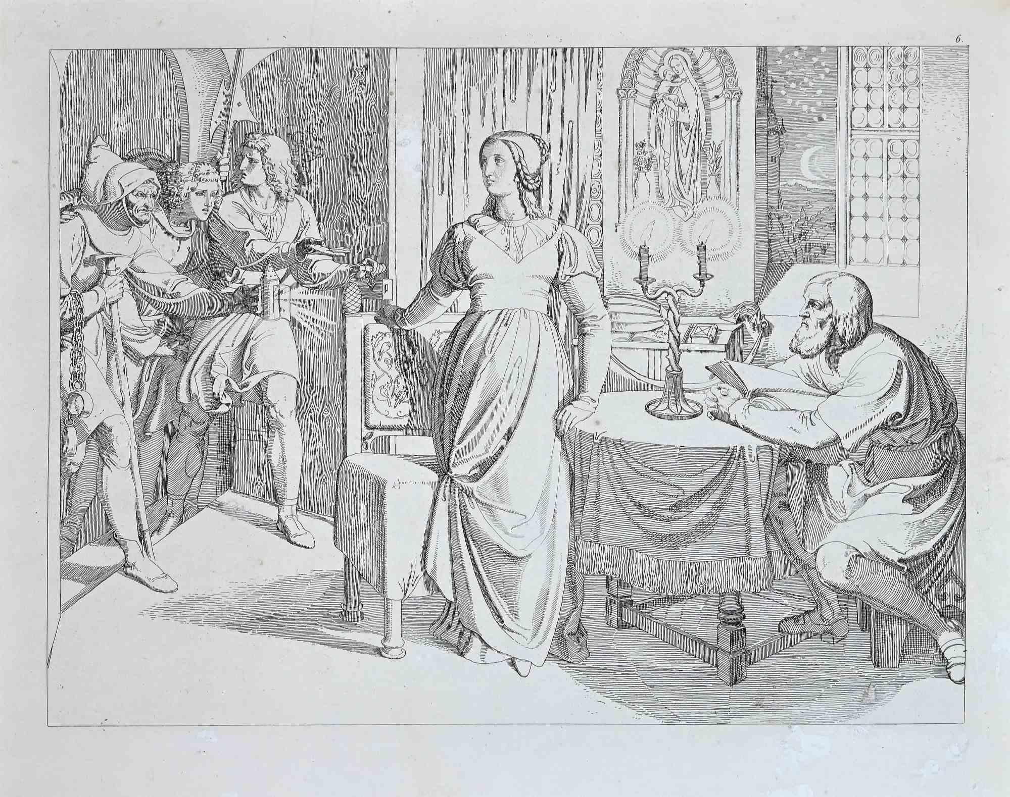 Figurative Print di Josef Ritter von Führich - Scena da La vita e la morte di Santa Genoveffa - Acquaforte originale - Anni '30 del XIX secolo