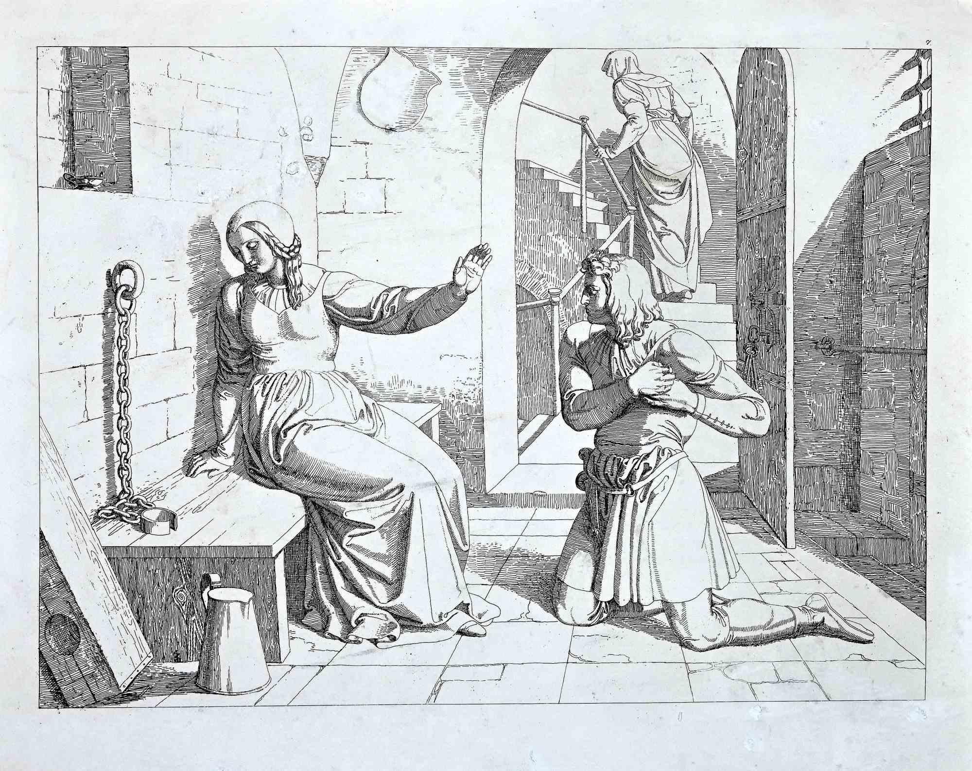 Josef Ritter von Führich Figurative Print - Scene from The Life and Death of Saint Genoveva - Original Etching - 1830s