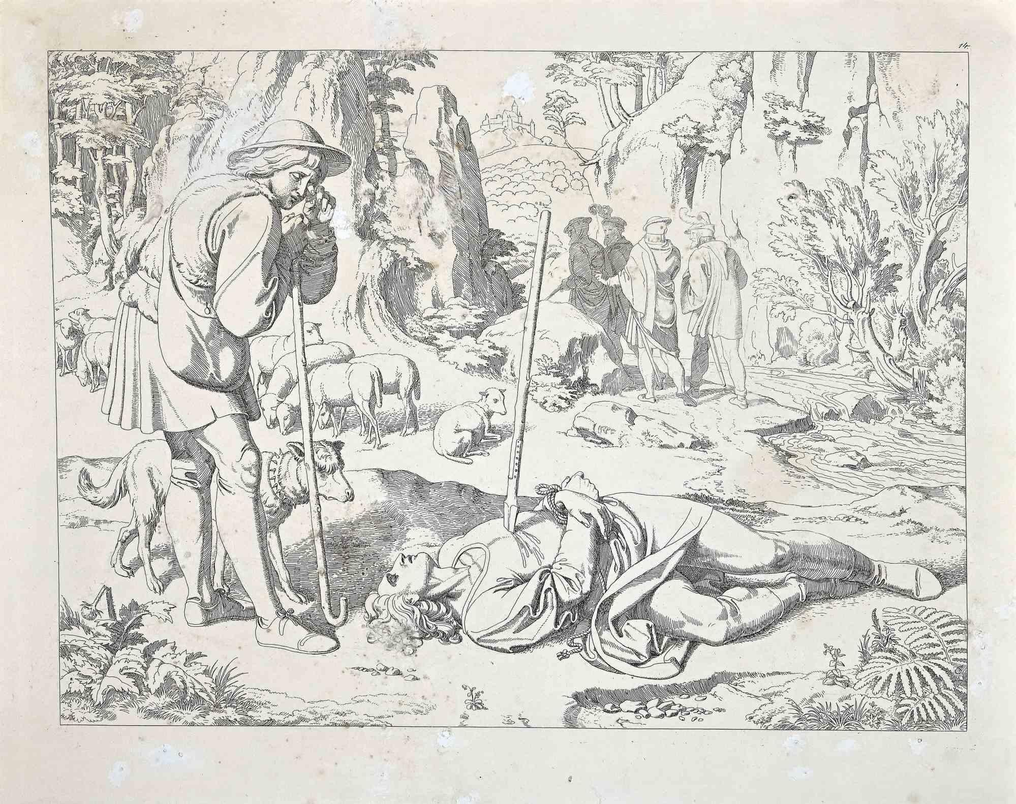 Josef Ritter von Führich Figurative Print - Scene from The Life and Death of Saint Genoveva - Original Etching - 1830s