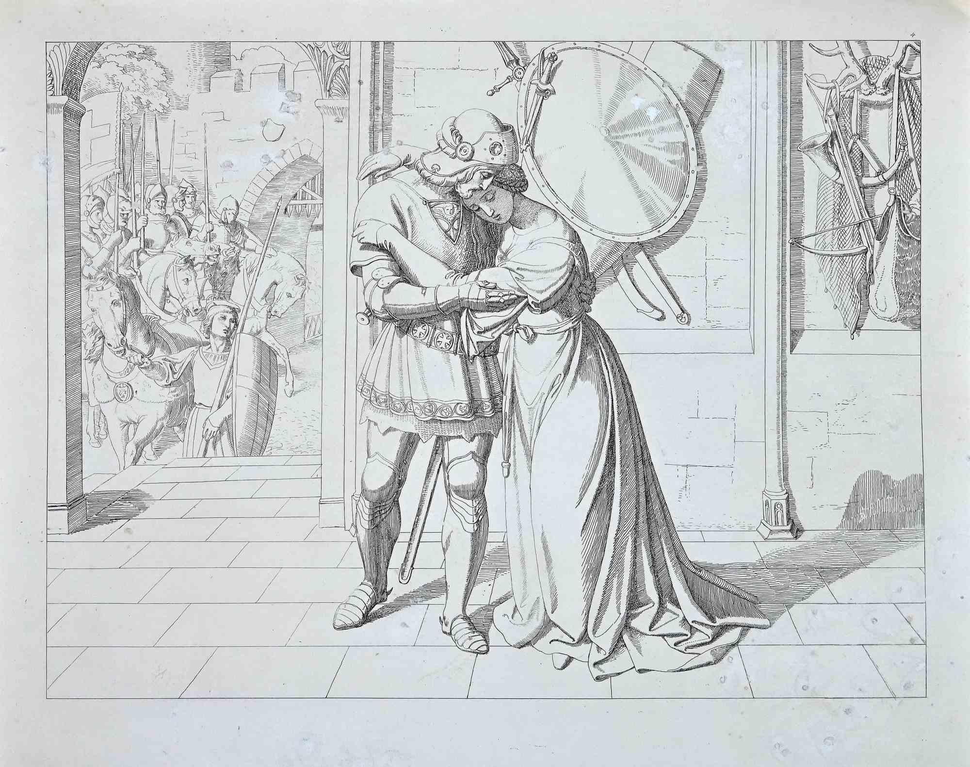 Josef Ritter von Führich Figurative Print - Scene from The Life and Death of Saint Genoveva - Original Etching - 1830s