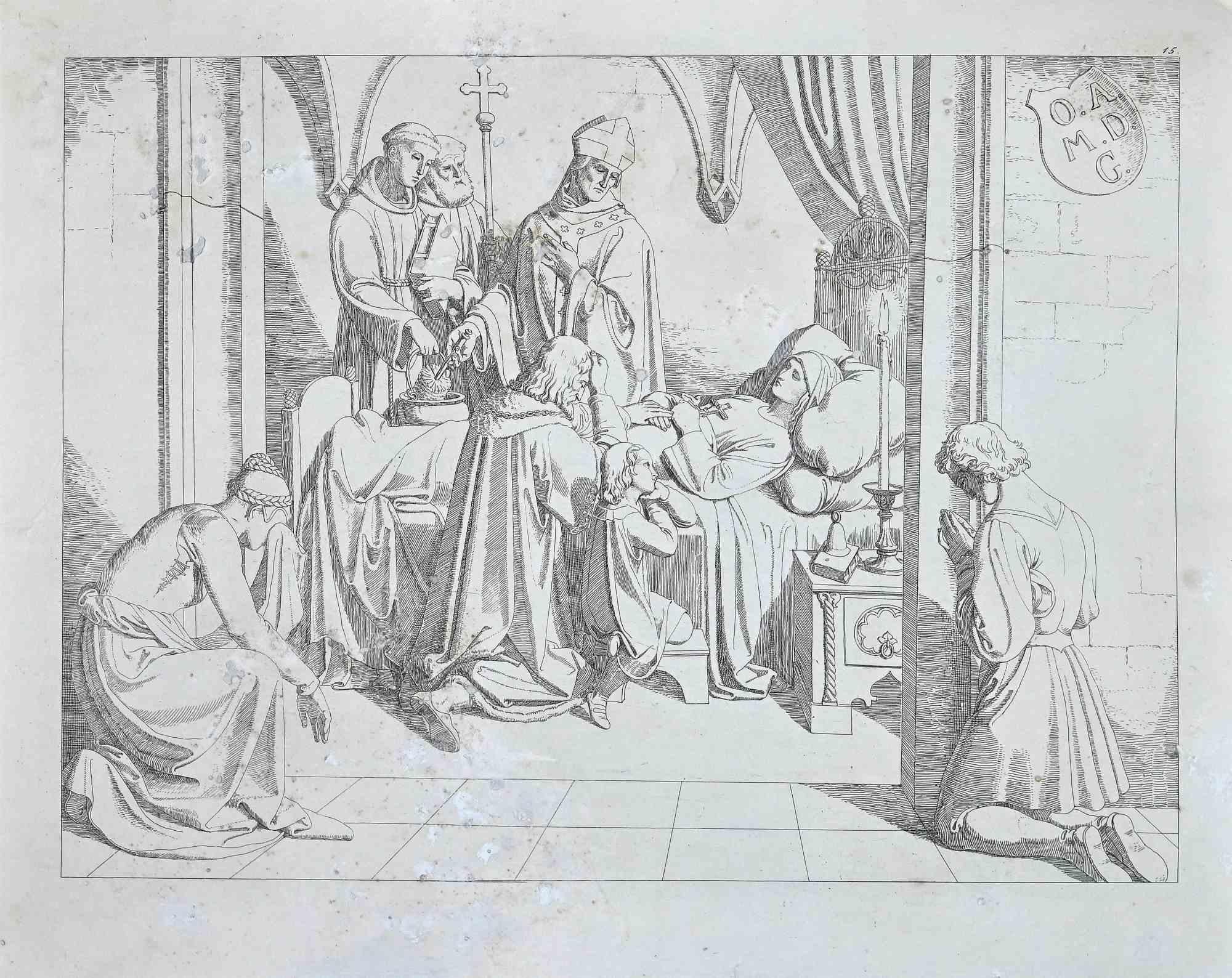 Josef Ritter von Führich Figurative Print - Scene from The Life and Death of Saint Genoveva - Original Etching - 1830s