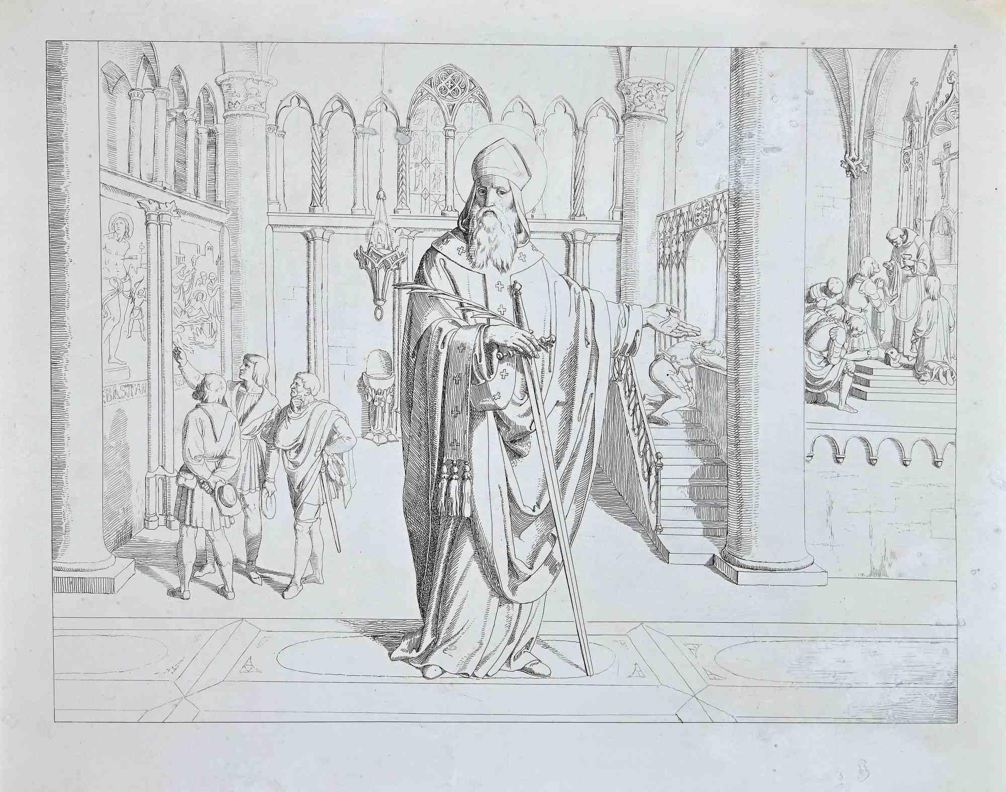 Figurative Print Josef Ritter von Führich - Scène de la vie et de la mort de Saint Gênes - gravure originale - années 1830