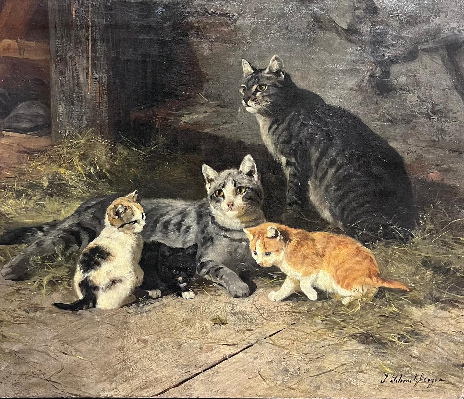 The Young Family of Cats
by Josef Schmitzberger (1851-c.1936) German
signed oil on canvas, unframed
canvas: 24 x 29.5 inches
provenance: private collection, England
condition: very good and sound condition though with old former repairs showing verso