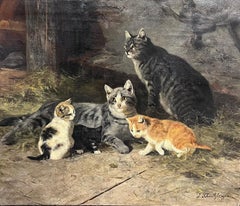 Fine Antique German Signed Oil Painting Family of Cats & Kittens, large work