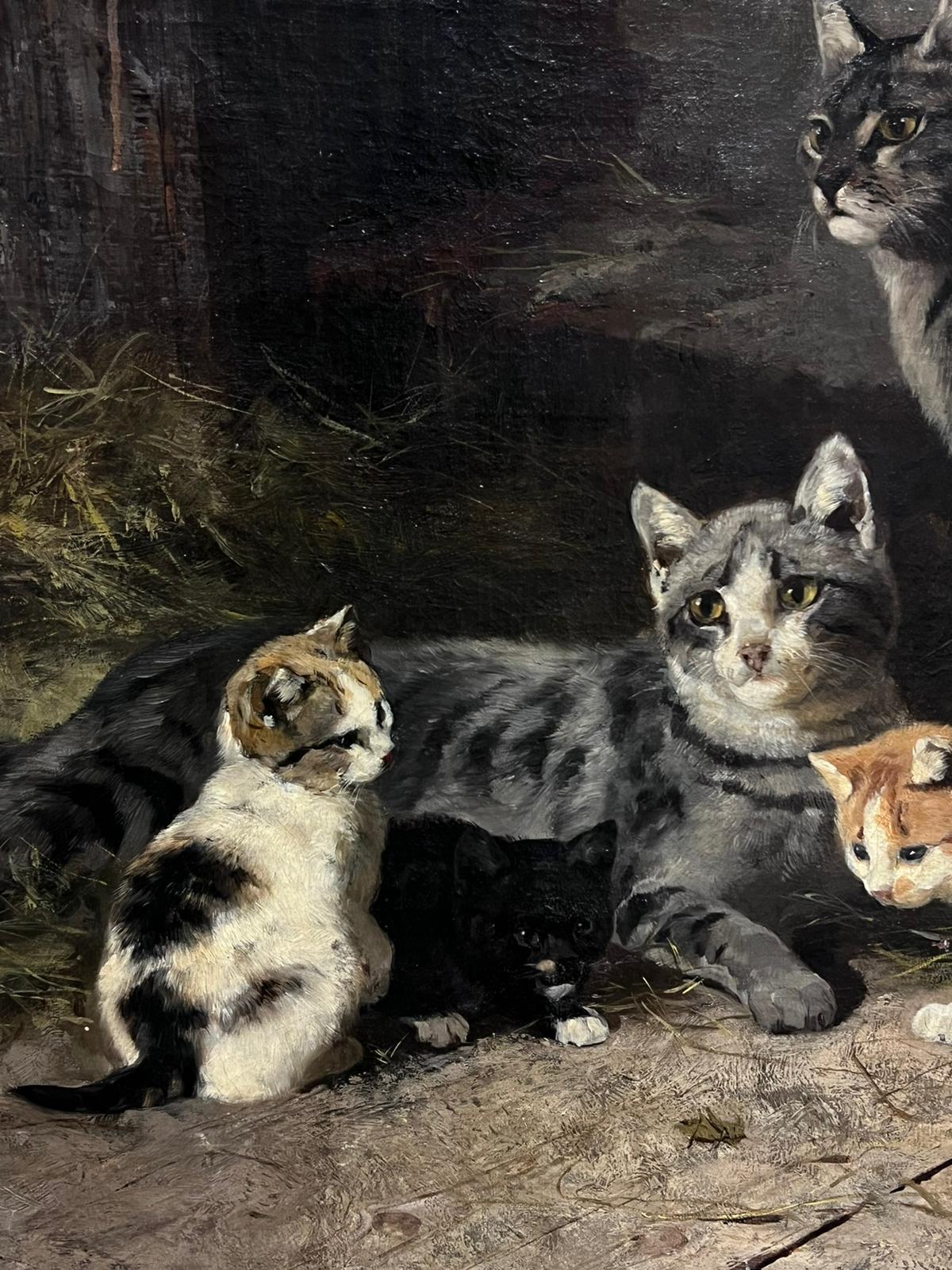 Fine Antique German Signed Oil Painting Family of Cats & Kittens, large work 4