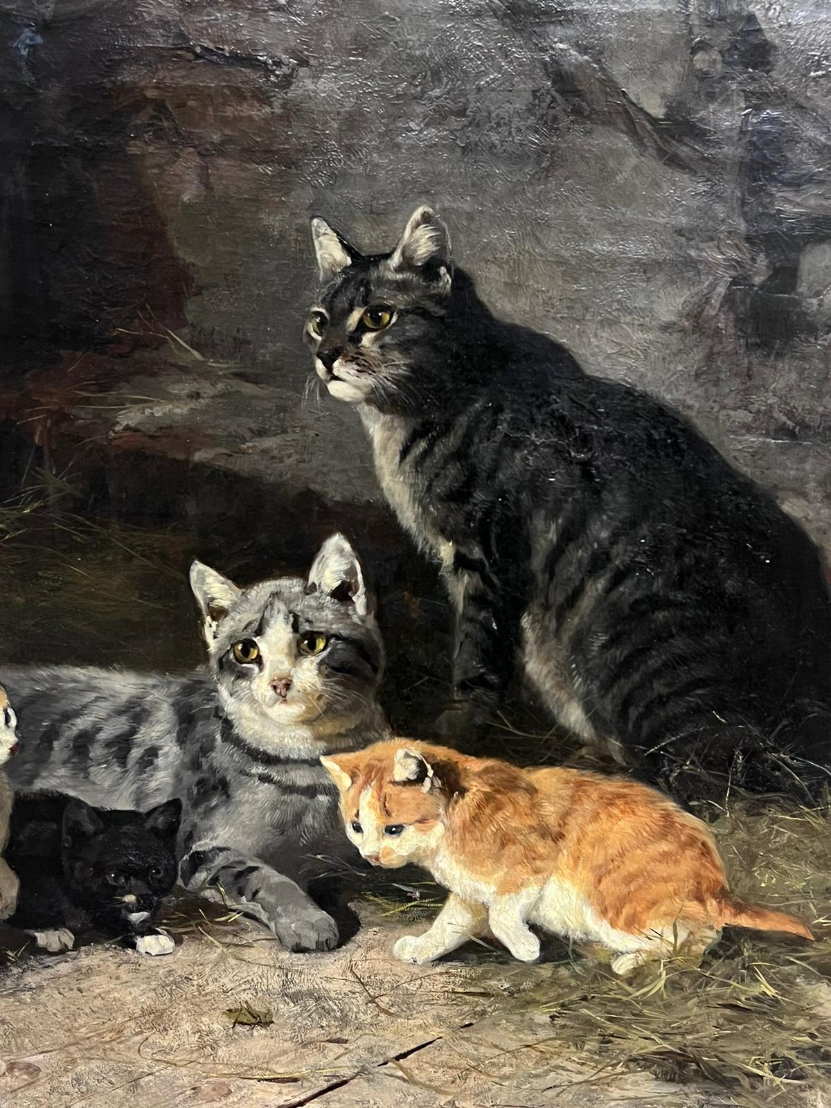 Pintura al óleo antigua firmada en alem�án Familia de gatos y gatitos, obra grande 3