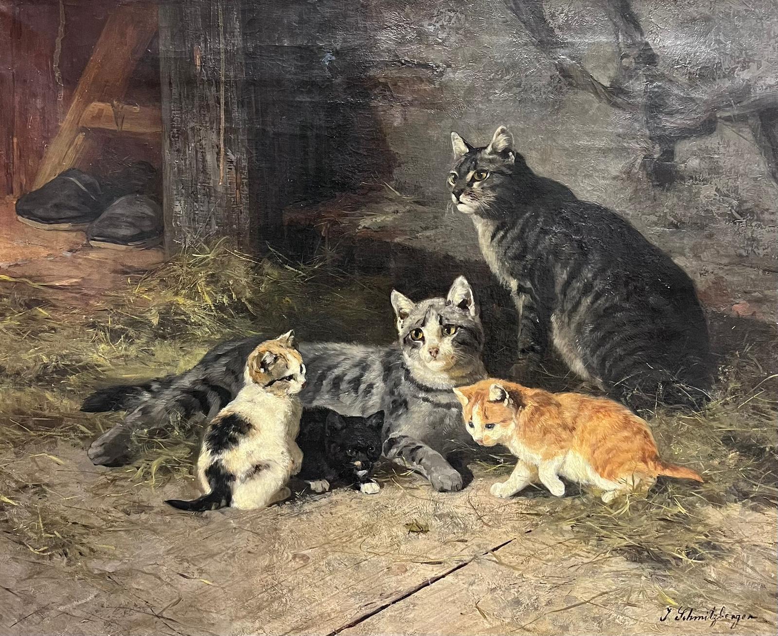 Josef Schmitzberger (1851-1936) Portrait Painting - Fine Antique German Signed Oil Painting Family of Cats & Kittens, large work