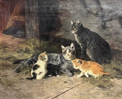 Belle peinture à l'huile allemande ancienne représentant une famille de chats et de chatons, grande œuvre