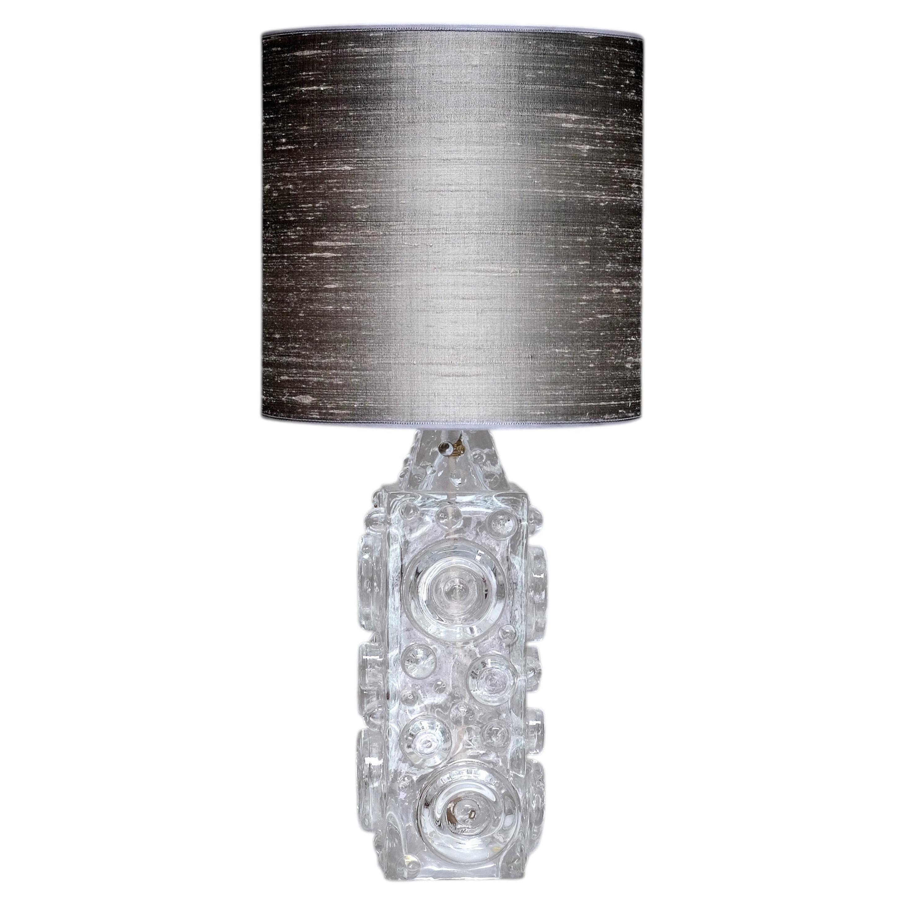 Josef Schott Bubble Glass Table Lamp, Silk Shade, Smålandshyttan, Sweden, 1960s For Sale
