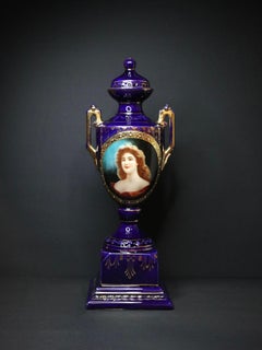 Josef Strnact Portrait Vase, Cobalt Blue & Gilt, Bohemia, 13 in