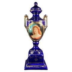 Josef Strnact Portrait Vase, Cobalt Blue & Gilt, Bohemia, 13 in