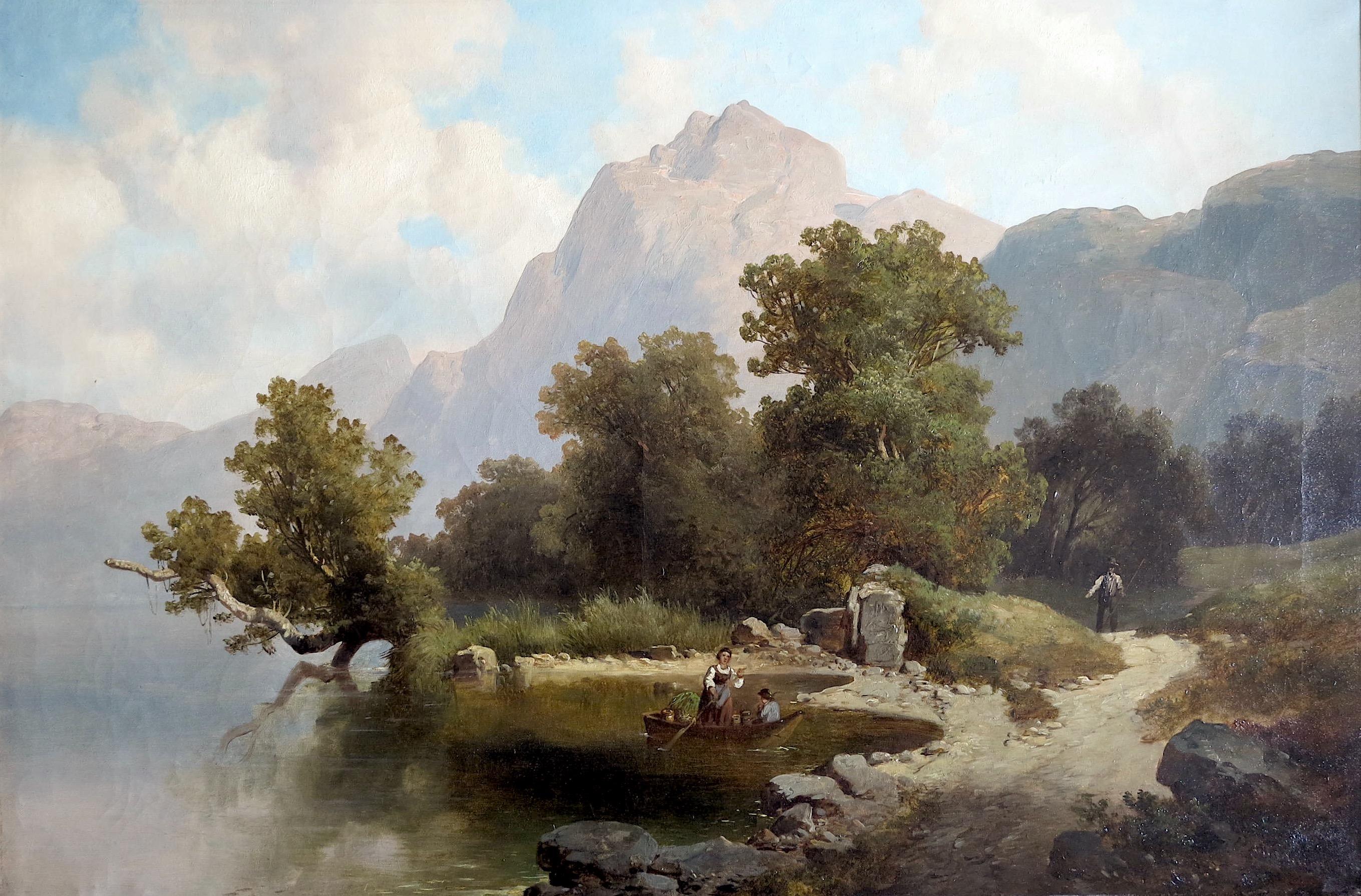 Au bord d'un lac dans les Alpes autrichiennes - Painting de Josef THOMA