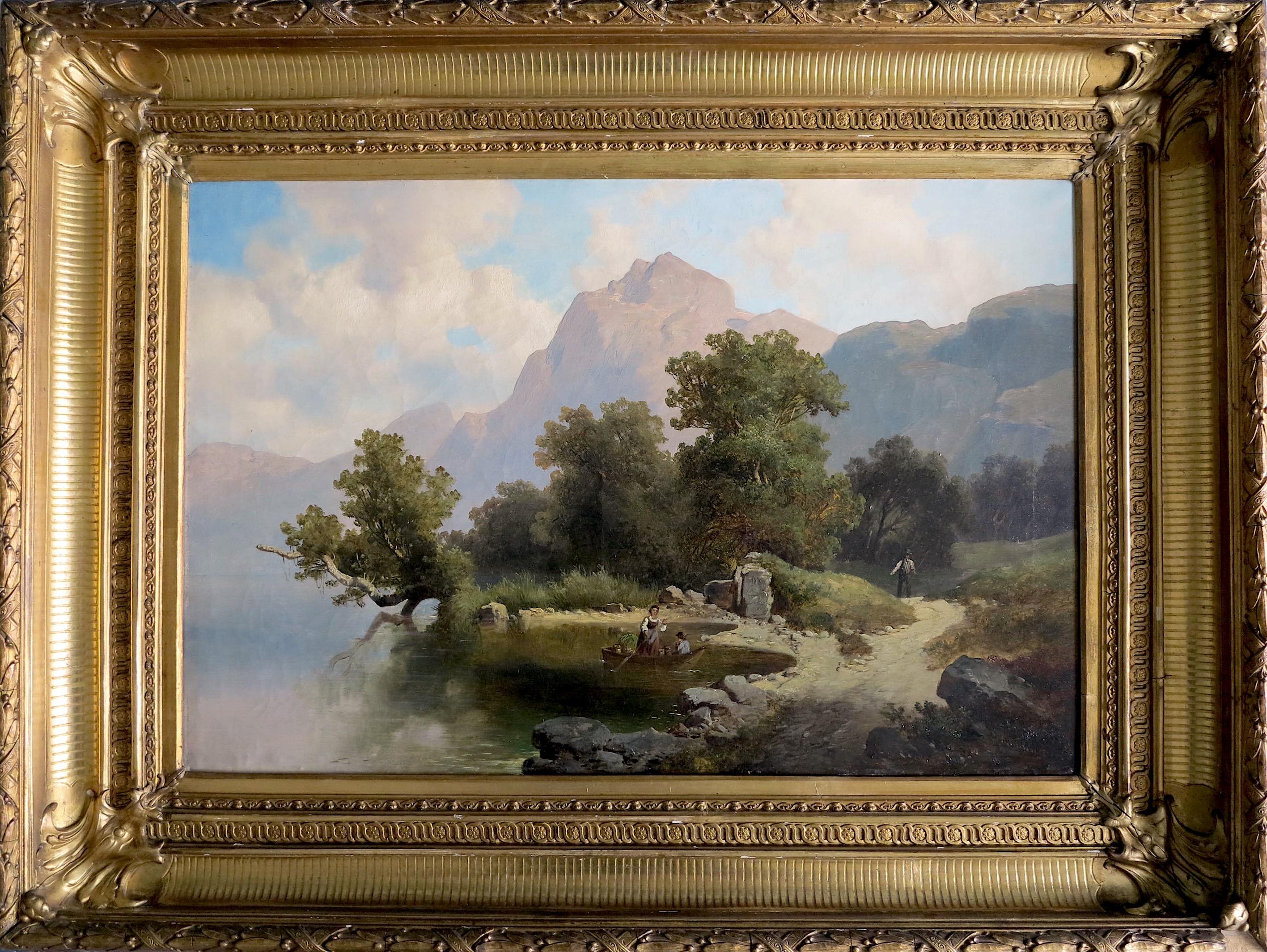 Josef THOMA Landscape Painting - On the shores of a lake in the Austrian Alps