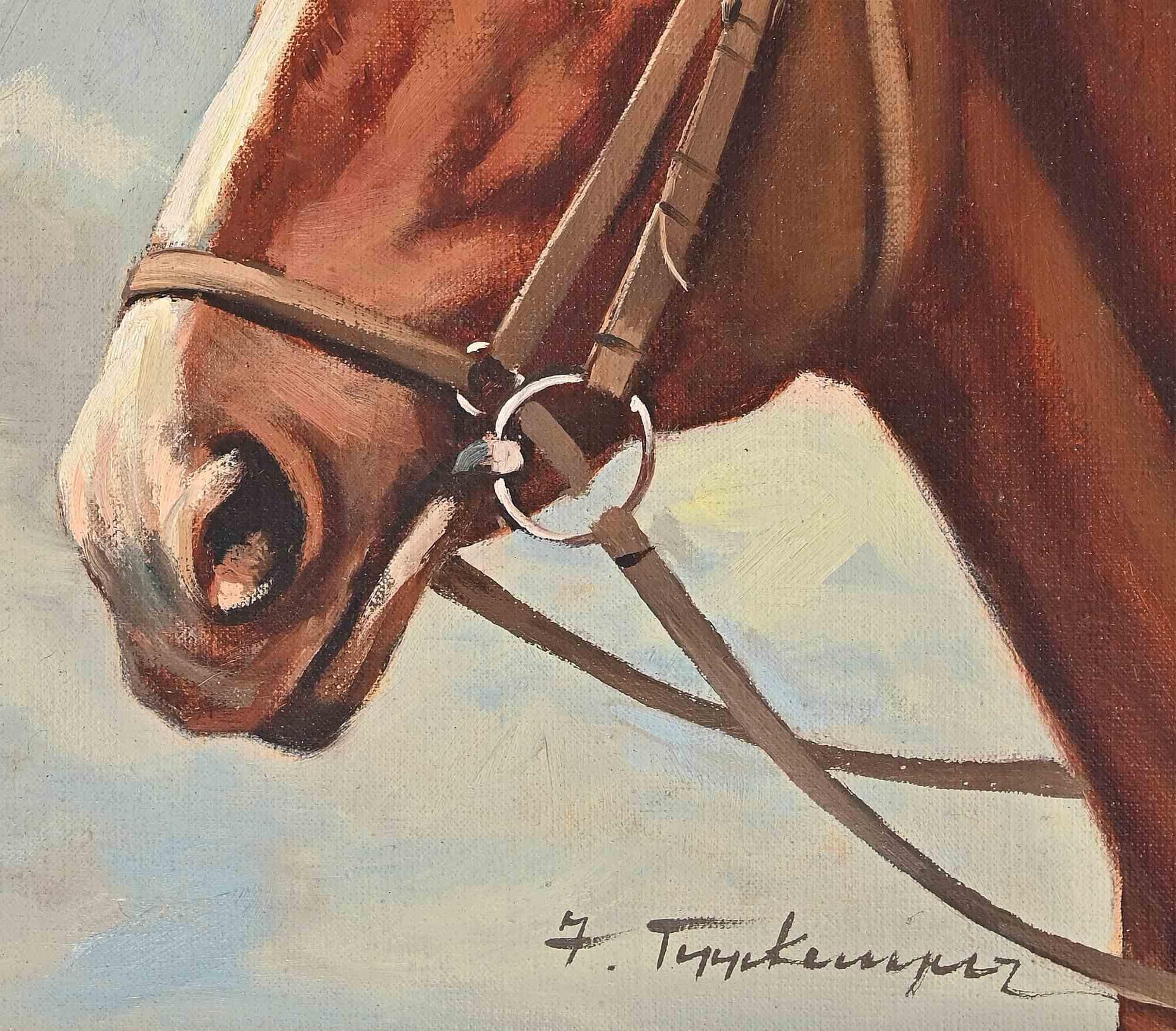 Bay Horse with a White Blaze -  Oil by J. Tippkemper - Mid 20th Century - Painting by Josef Tippkemper