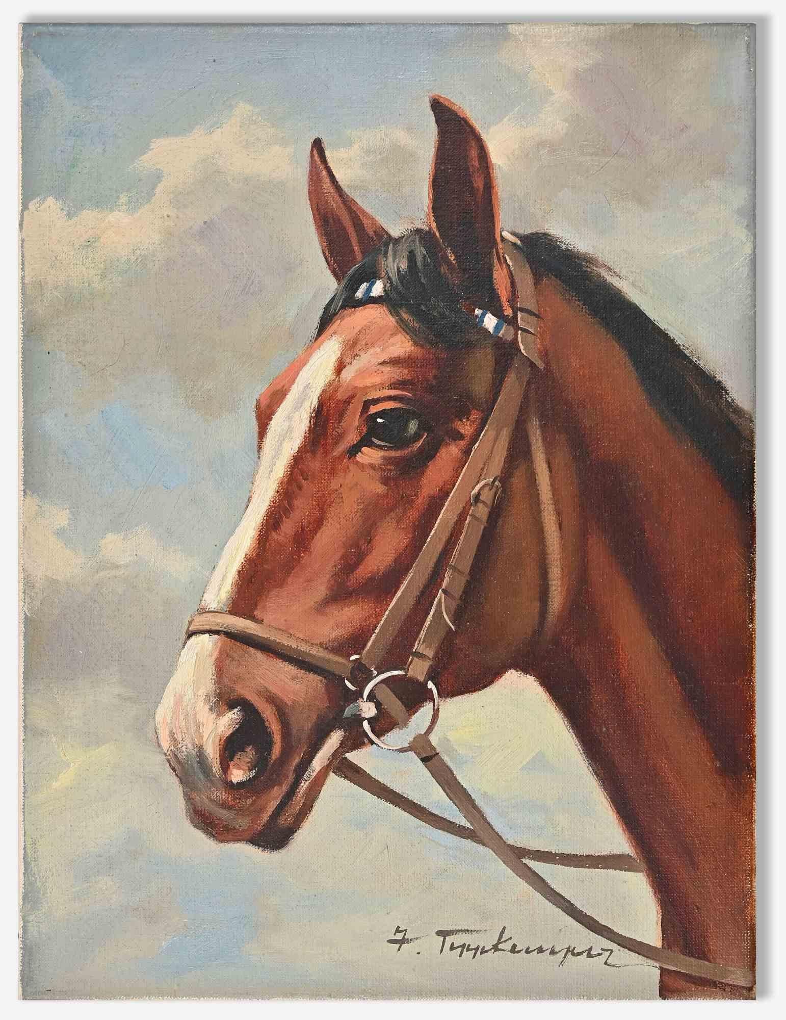 Josef Tippkemper Animal Painting - Bay Horse with a White Blaze -  Oil by J. Tippkemper - Mid 20th Century