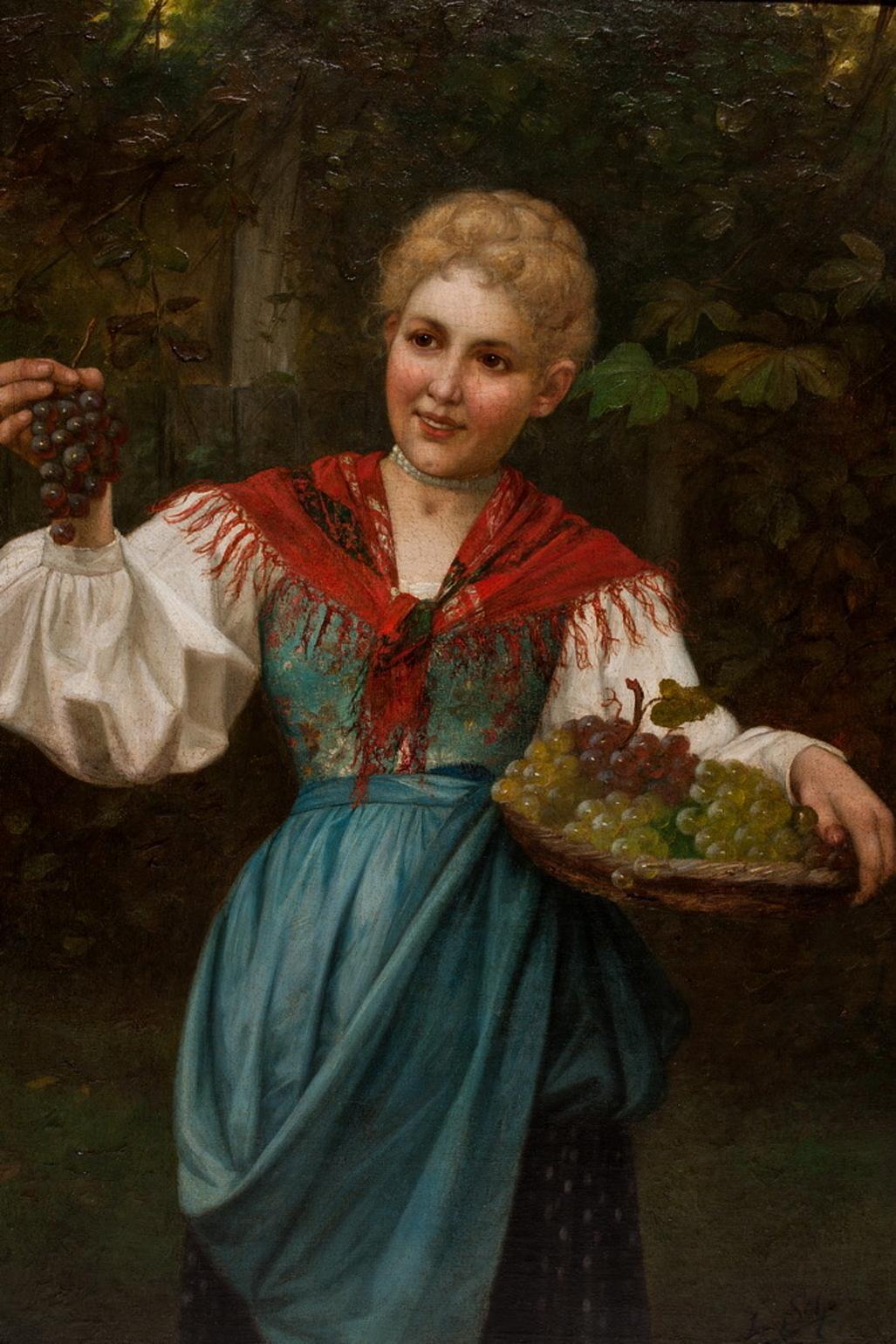 Josef Wilhelm Suhs oil on canvas Hungarian woman with grapes In Good Condition For Sale In Vilnius, LT