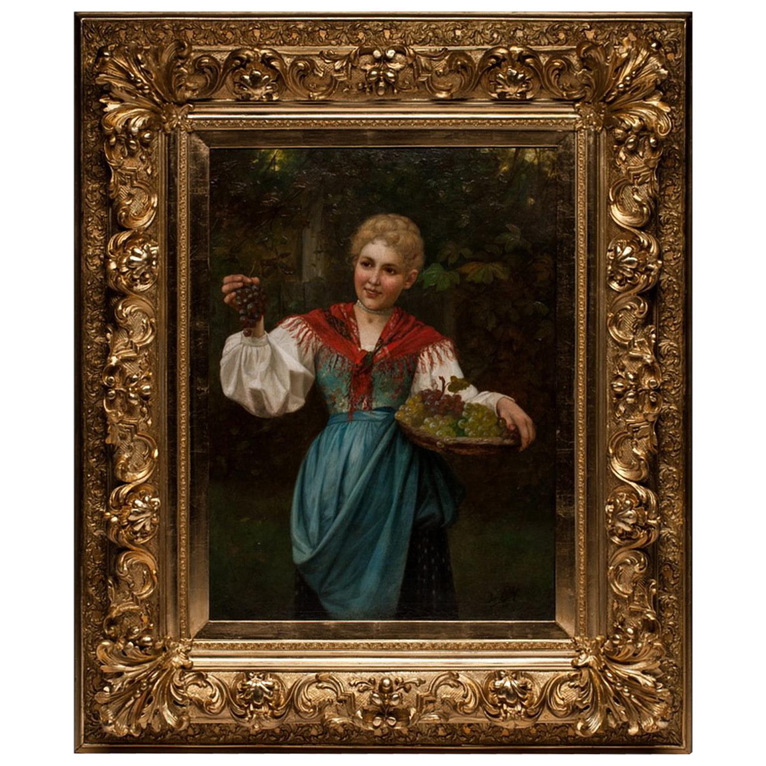 Josef Wilhelm Suhs oil on canvas Hungarian woman with grapes For Sale