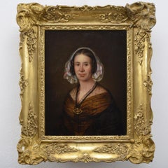 Original Mid 19th Century Swedish Academic Oil Portrait Lady in Bonnet Framed