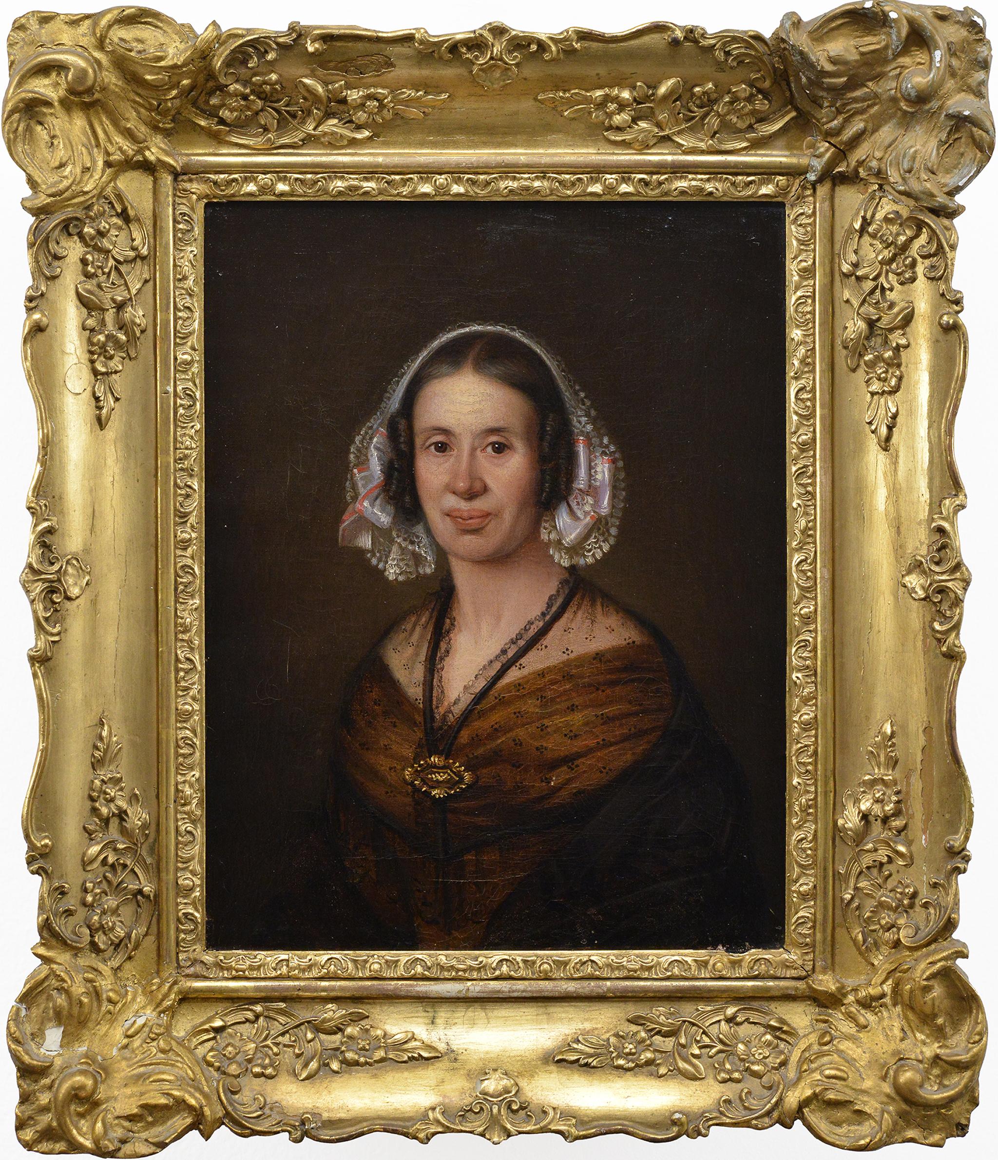Original Mid 19th Century Swedish Academic Oil Portrait Lady in Bonnet Framed