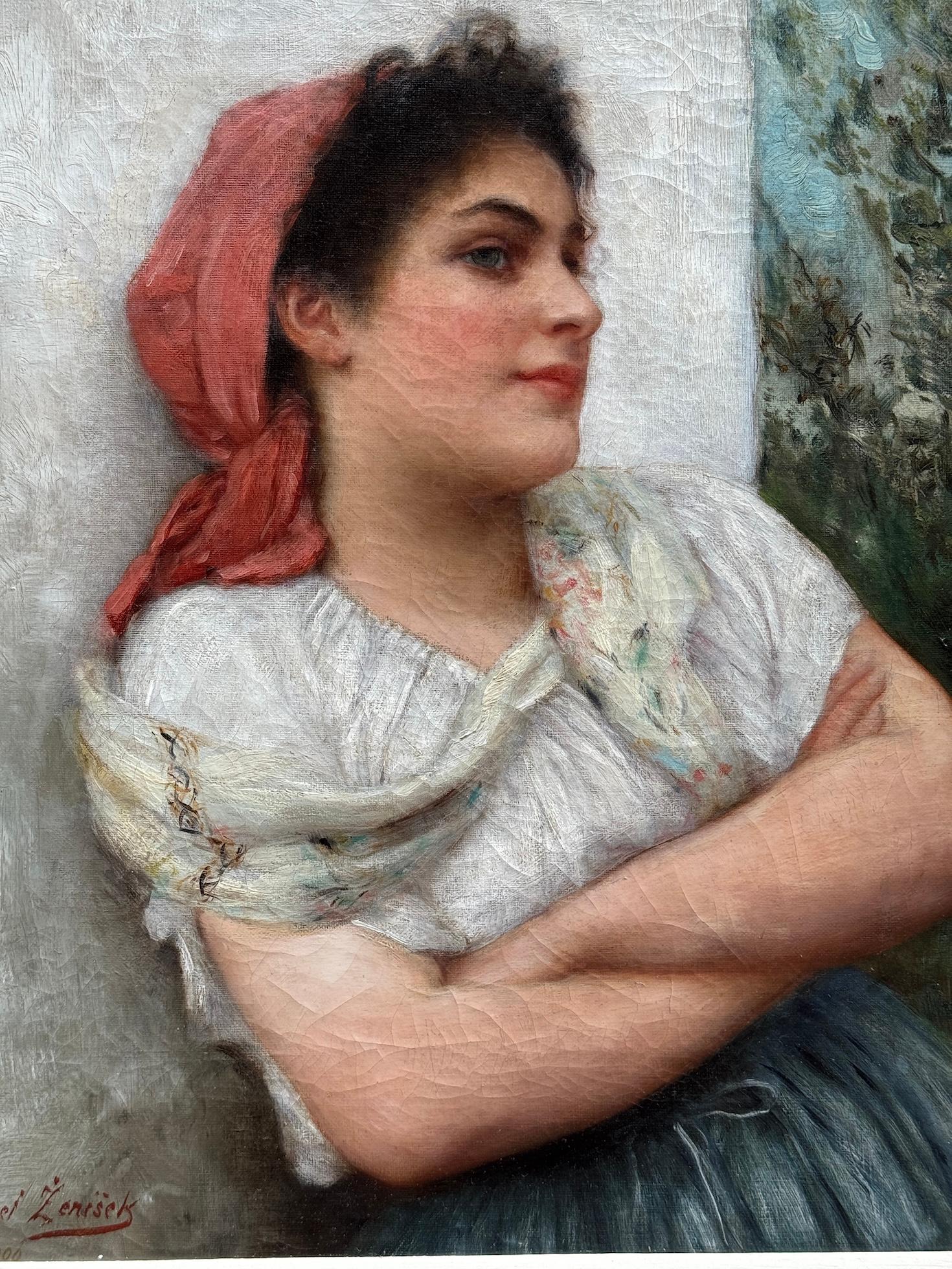 19th century Czech portrait of a lady, young girl, red scarf arms folded smiling For Sale 5