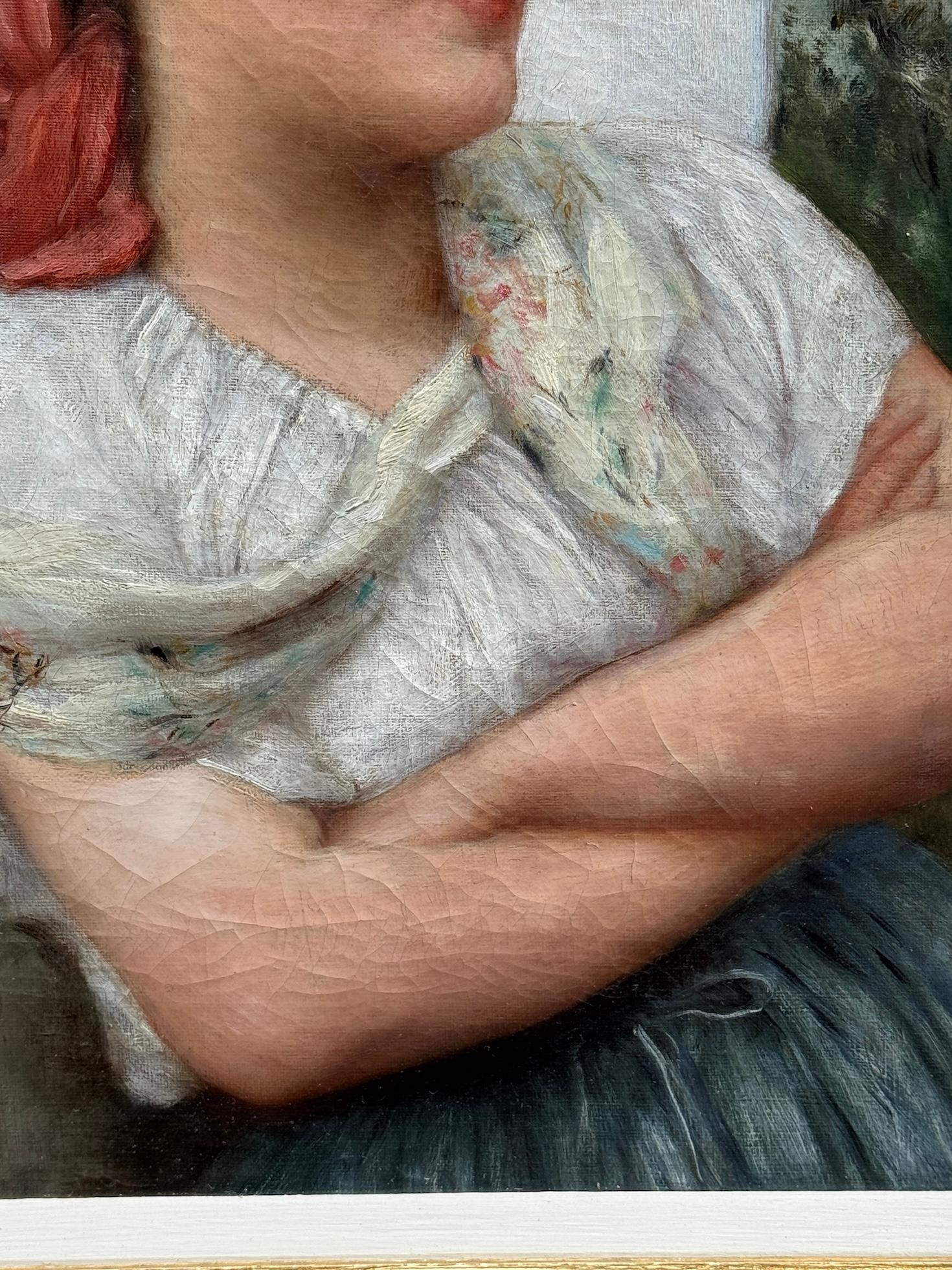 19th century Czech portrait of a lady, young girl, red scarf arms folded smiling For Sale 7