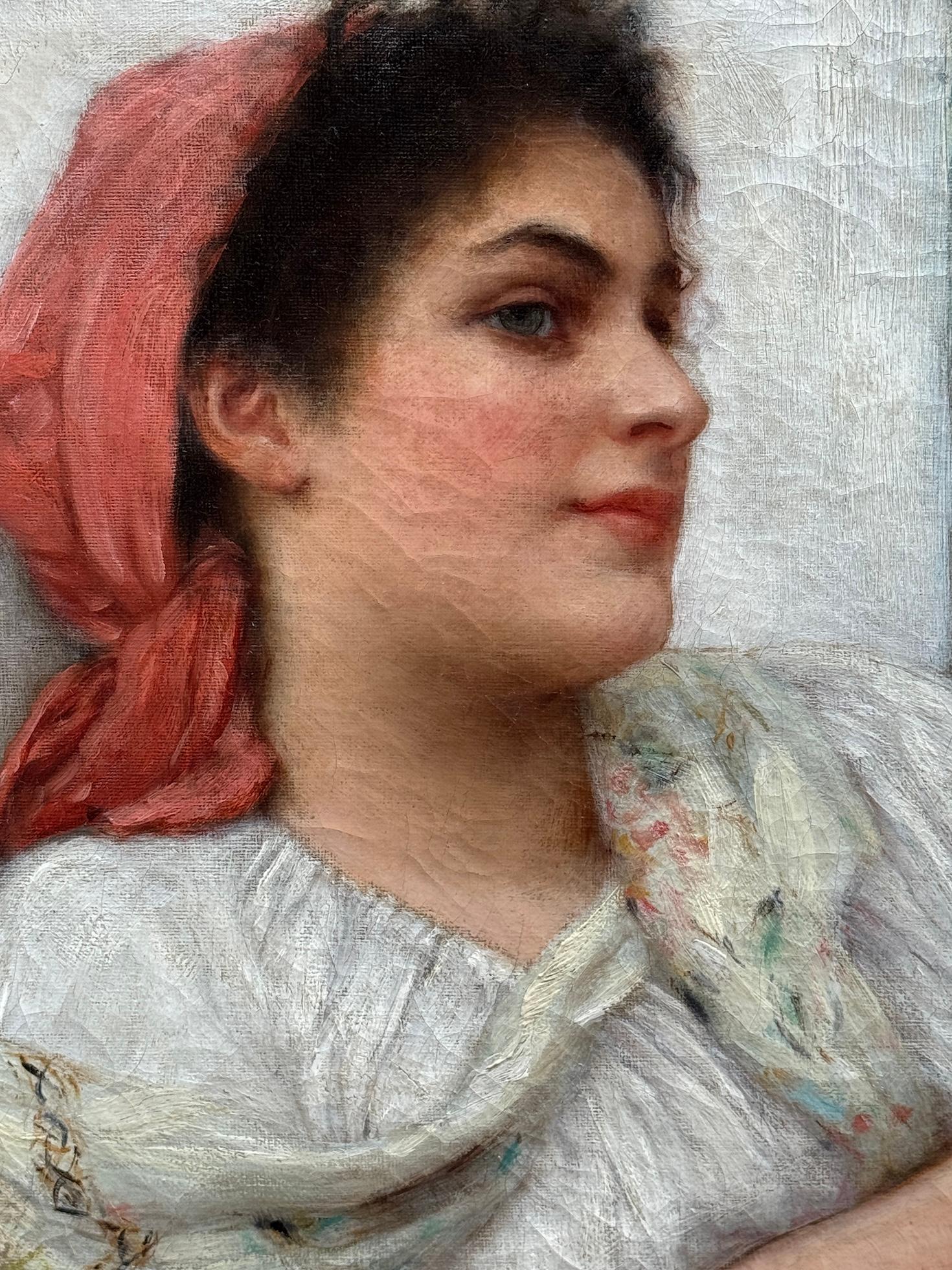 19th century Czech portrait of a lady, young girl, red scarf arms folded smiling For Sale 2