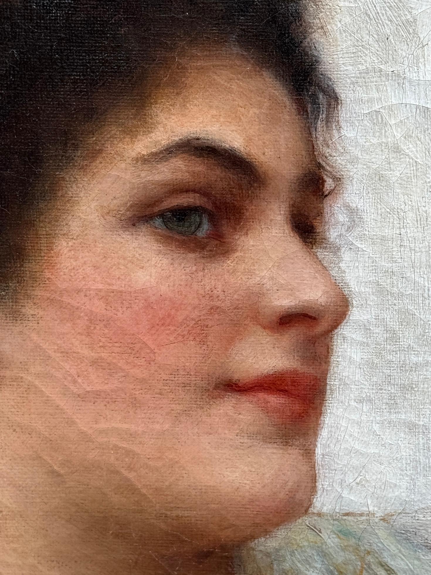 19th century Czech portrait of a lady, young girl, red scarf arms folded smiling For Sale 3