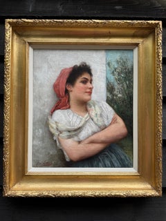 19th century Czech portrait of a lady, young girl, red scarf arms folded smiling
