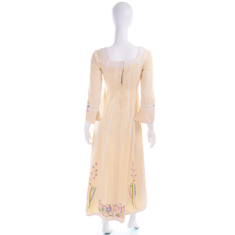 Josefa Vintage Cream Cotton Long Dress Embroidered Flowers Butterflies & Birds For Sale 2