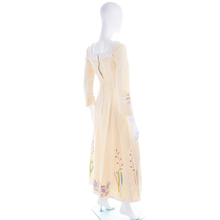 Josefa Vintage Cream Cotton Long Dress Embroidered Flowers Butterflies & Birds For Sale 4