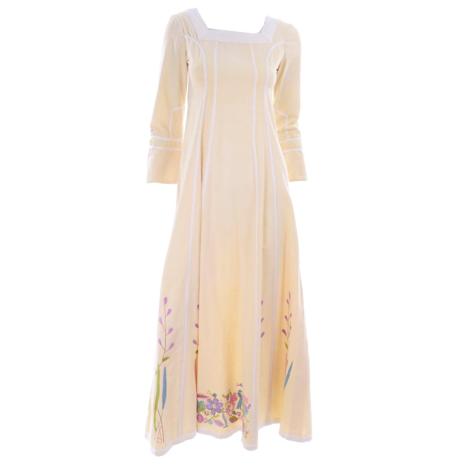Josefa Vintage Cream Cotton Long Dress Embroidered Flowers Butterflies & Birds