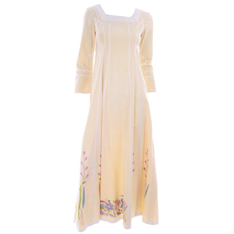 Josefa Vintage Cream Cotton Long Dress Embroidered Flowers Butterflies & Birds For Sale