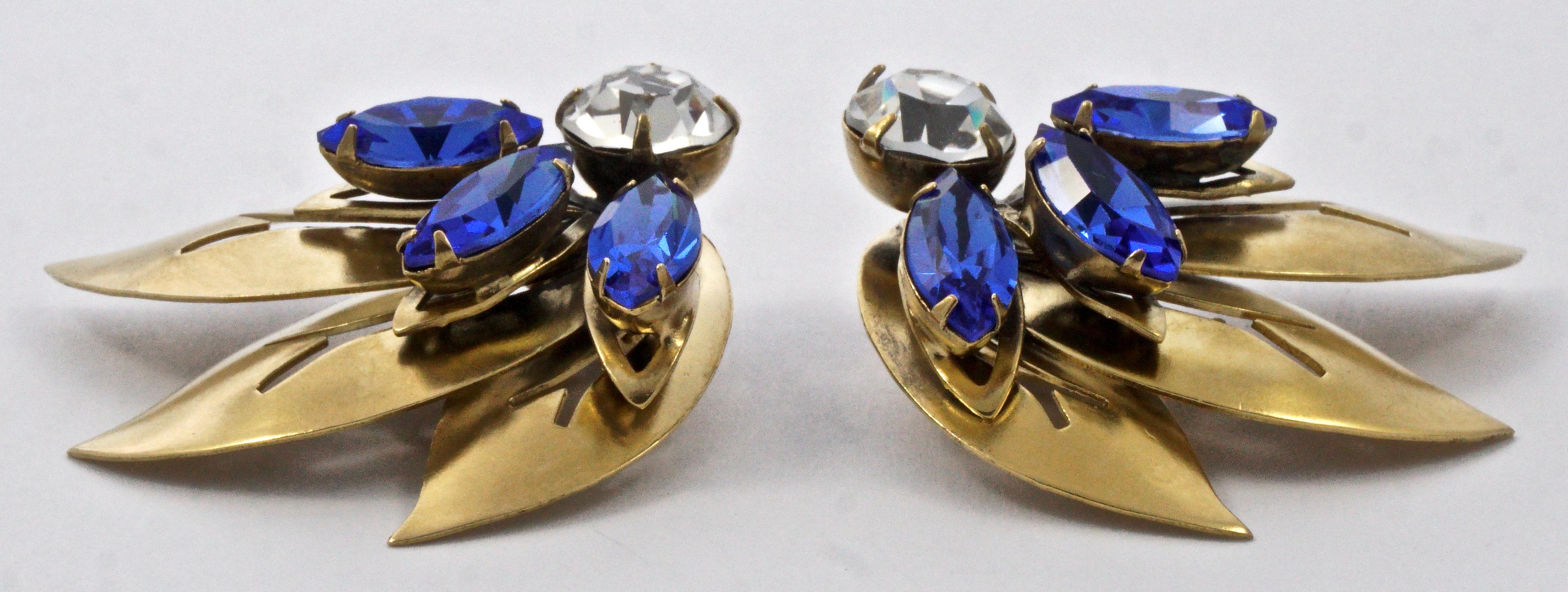 Joseff of Hollywood Blue and Clear Crystal Brooch and Clip On Earrings Set 1950s For Sale 3