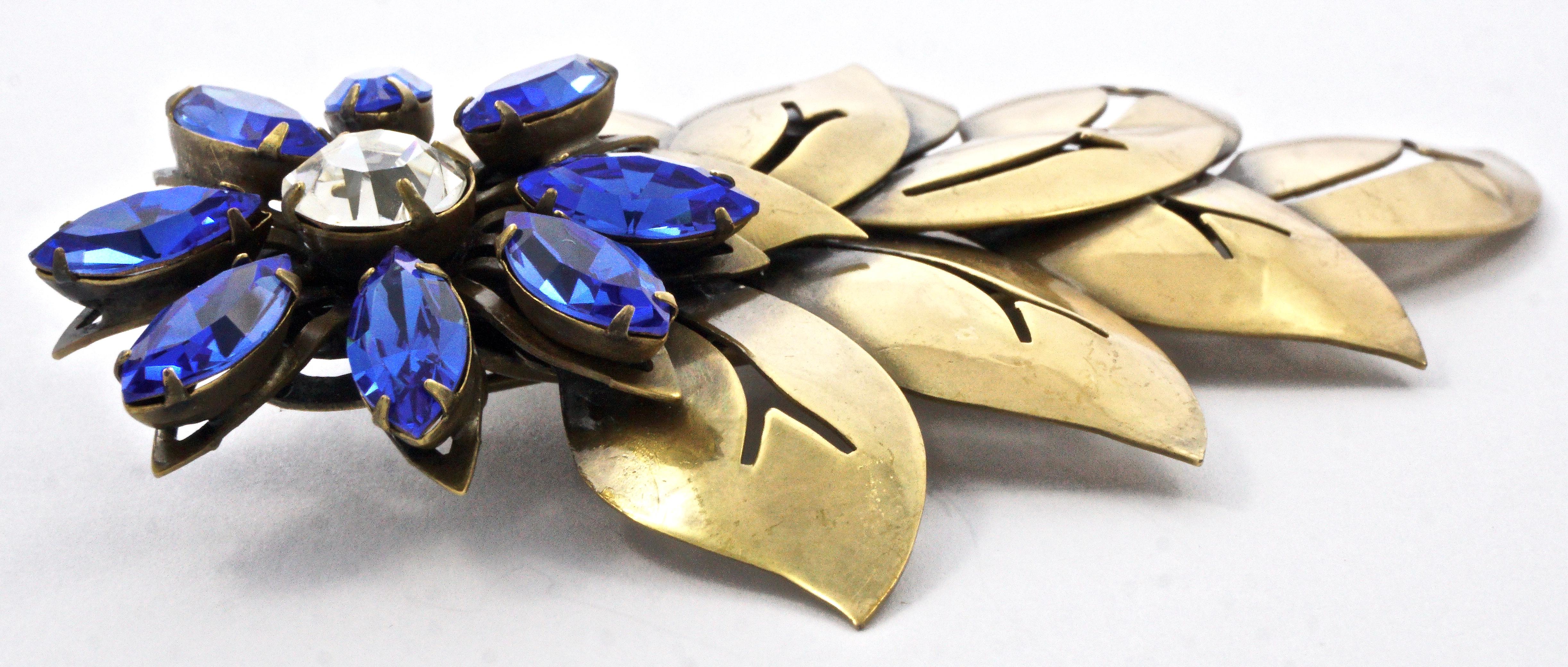 Joseff of Hollywood 1950s Blue and Clear Crystal Brooch and Clip On Earrings Set For Sale 2
