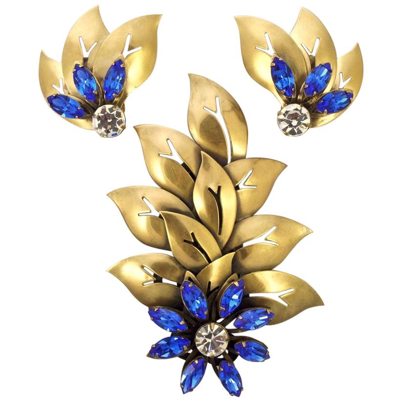 Joseff of Hollywood 1950s Blue and Clear Crystal Brooch and Clip On Earrings Set For Sale