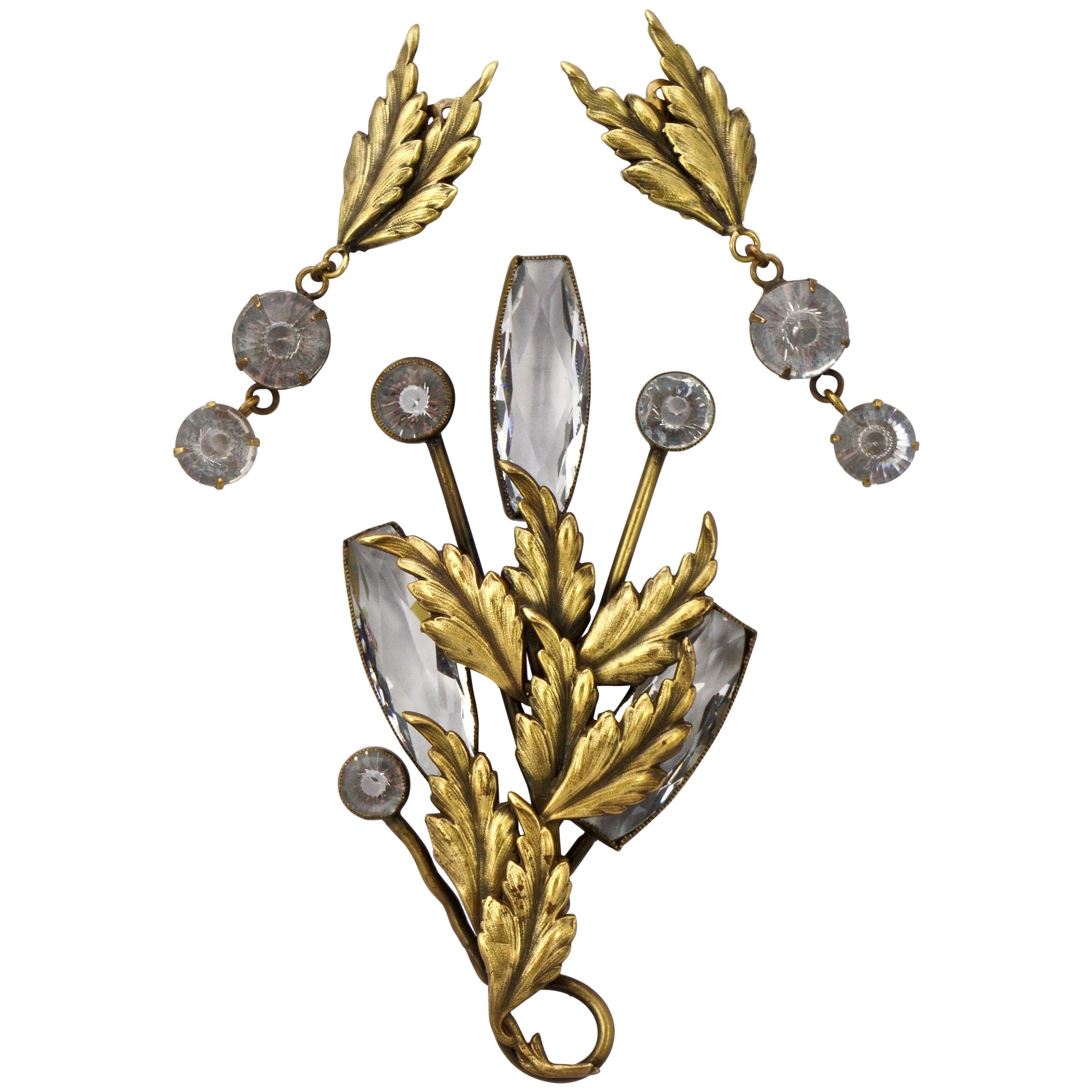 Joseff of Hollywood 1950s Gold Plated Clear Crystal Brooch and Clip On Earrings For Sale