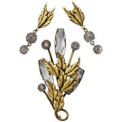 Joseff of Hollywood - Spilla con cristalli trasparenti placcati oro e orecchini a clip anni '50