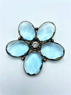 Joseff of Hollywood flower brooch, aqua crystal petals, rhinest brass, 1950s USA