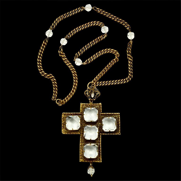 Joseff of Hollywood Gold Plated Clear Crystal Cross Necklace 1930s 