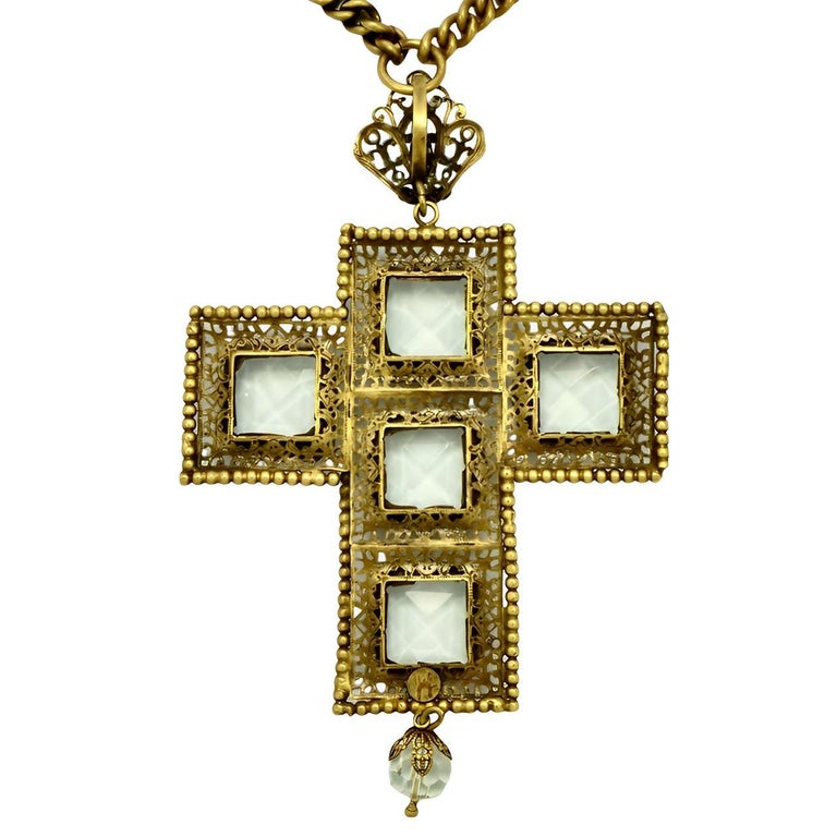 Joseff of Hollywood Gold Plated Clear Crystal Cross Necklace 1930s 