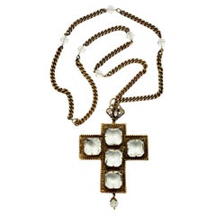 Vintage Joseff of Hollywood Gold Plated Clear Crystal Cross Necklace 1930s