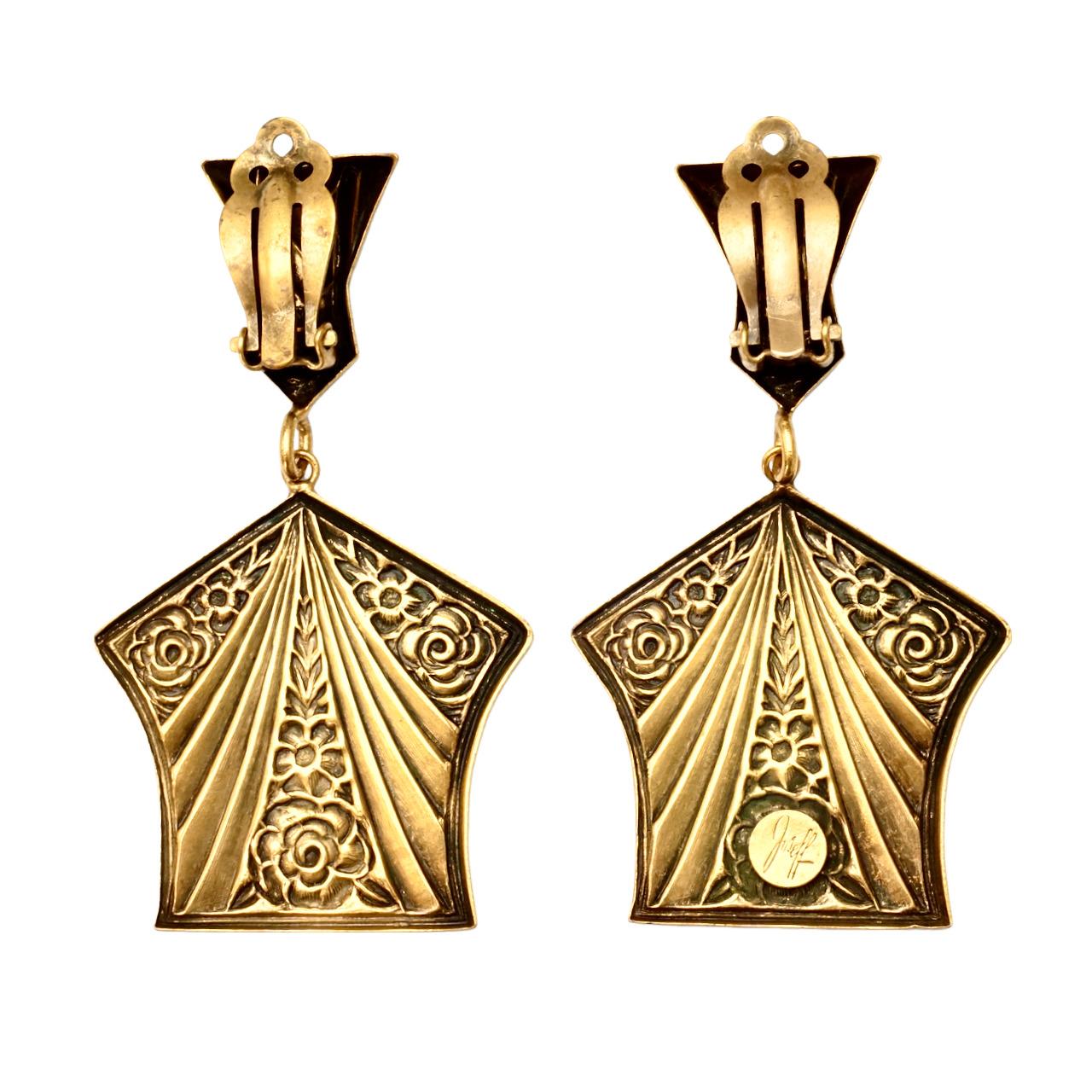 Joseff of Hollywood Gold Plated Floral Clip On Earrings circa 1940s For Sale 1