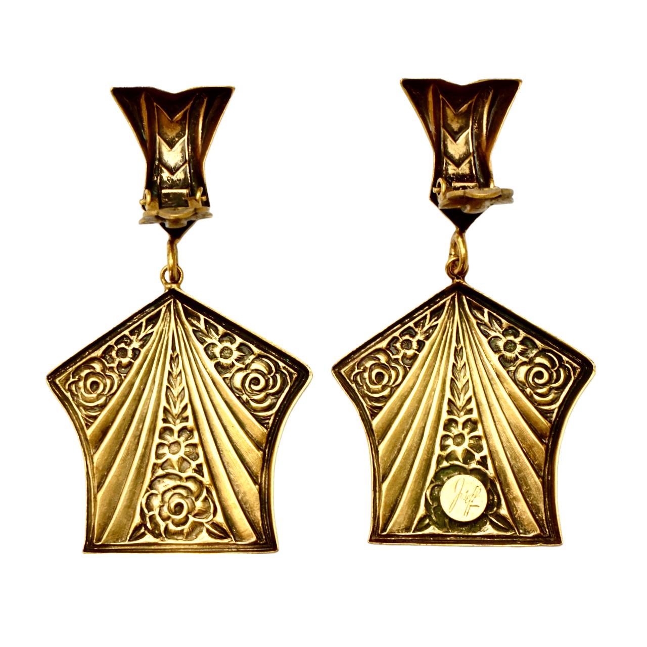 Joseff of Hollywood Gold Plated Floral Clip On Earrings circa 1940s For Sale 2